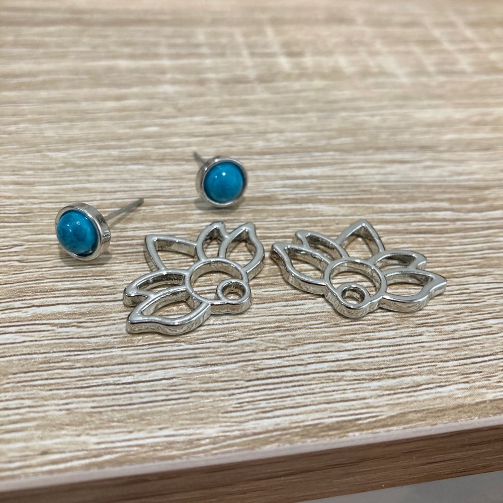 Silver Lotus Flower Blue Stone Jacket Earring - Picture 5 of 5